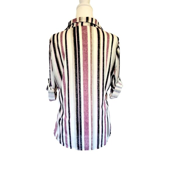 Womens M eden & Olivia purple striped 3/4 sleeve button tab button down top - Picture 2 of 9